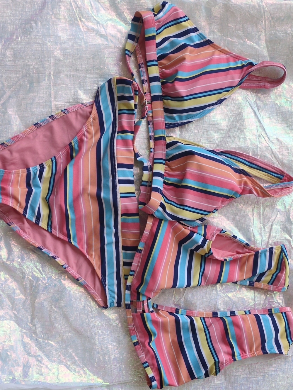 Women's Striped Three-Piece Swim Set - Pink Multi Color
